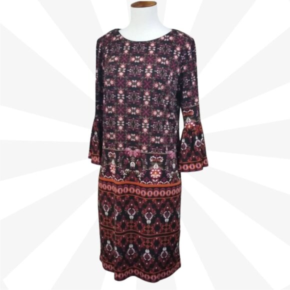 London Style Collection Bell Sleeve Boat Neck Multicolor Shift Dress Size 8 - Picture 1 of 7